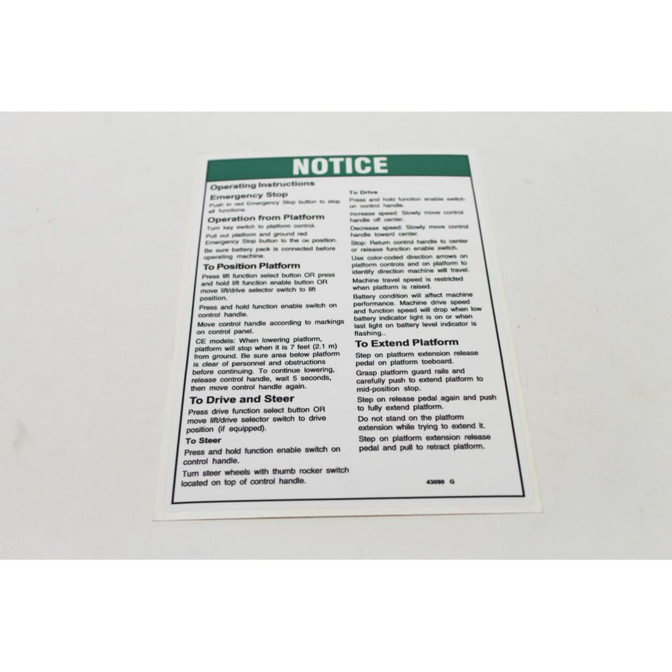 Genie Part # 43090. 43090GT - DECAL.NOTICE.OPER INST.PCP