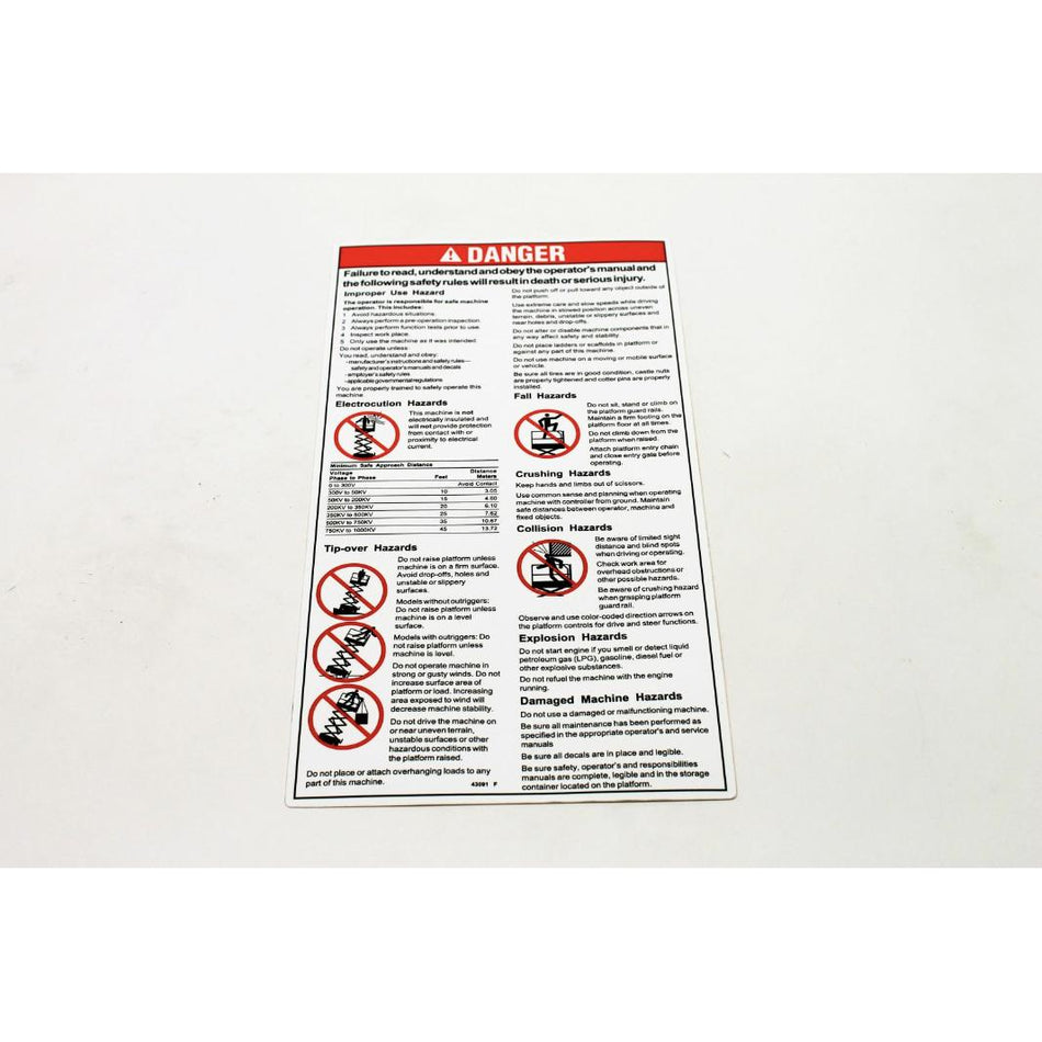 Genie Part # 43091. 43091GT - DECAL. DANGER. GENERAL SAFETY