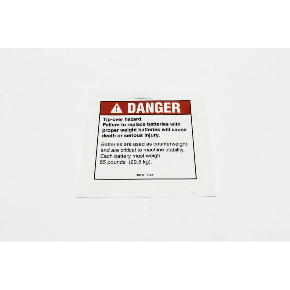 Genie Part # 43617. 43617GT - DECAL.DANGER.TIP-OVER.BATTERY