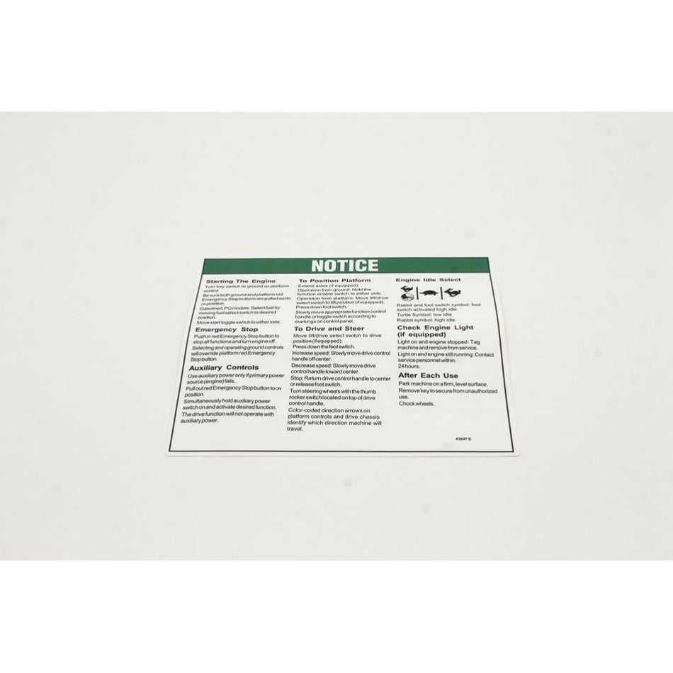 Genie Part # 43647. 43647GT - DECAL.NOTICE.OPER INST.IC***