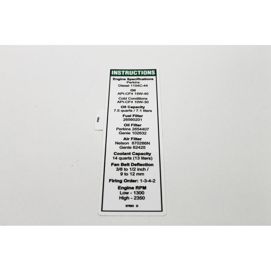 Genie Part # 97603. 97603GT - DECAL.NOTICE.PERKINS ENGINE.T2