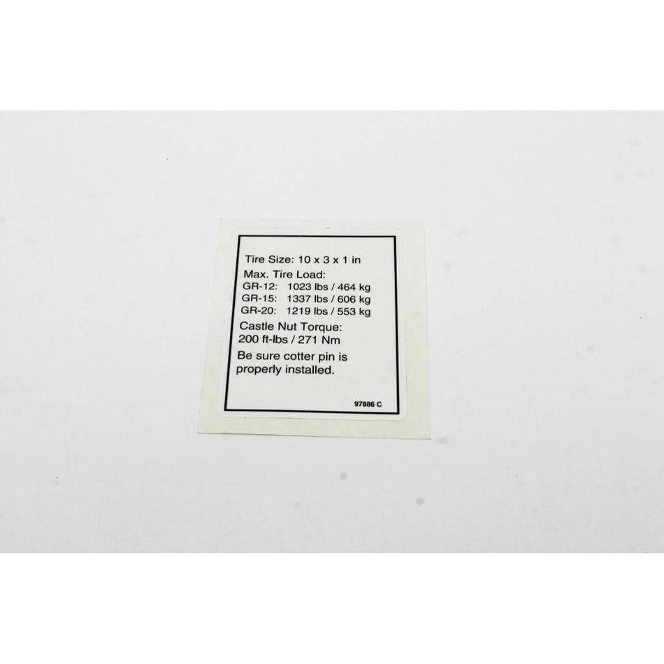 Genie Part # 97886. 97886GT - DECAL. LABEL. TIRE SPECS. GR