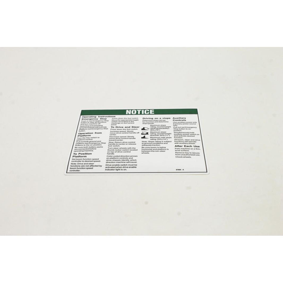 Genie Part # 97894. 97894GT - DECAL.NOTICE.OPER INST PLAT.DC
