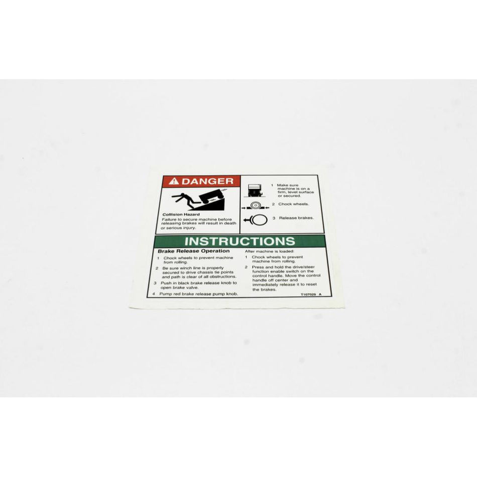Genie Part # T107029. T107029GT - DECAL DANGER BRAKE REL SAFETY