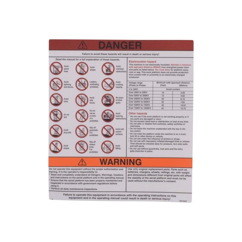 Skyjack Part # 128742 - Label. VL. Danger/Warning Engl