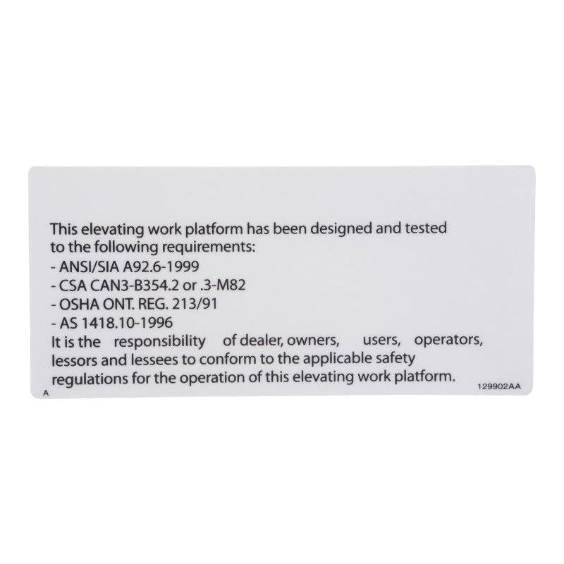 Skyjack Part # 129902 - Label. VL. On/Off Slab ANSI/CS